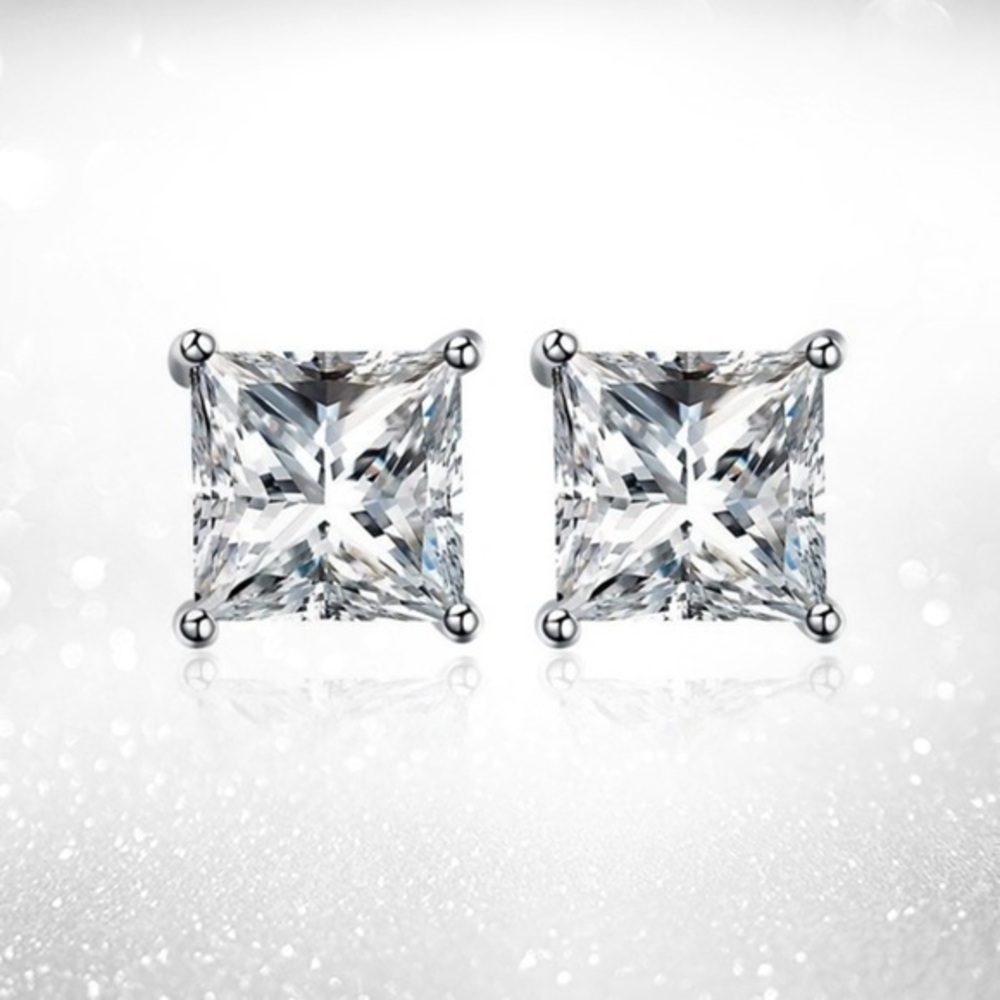Renaissance 14k White Gold Princess Cut CZ Stud Earrings Lab Created Diamond